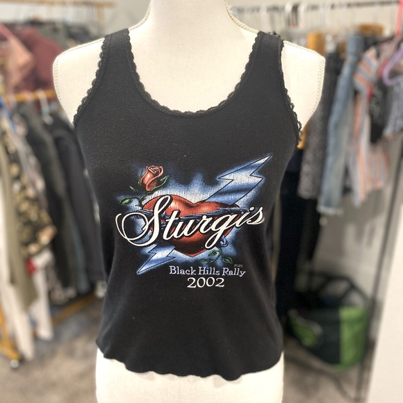 Harley-Davidson Tops - Vintage 2002 Darling Sturgis Rally Lace Trimmed Baby Tank Heart  Rose Lightning